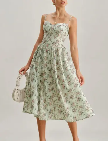 Rihoas Green Floral Sweetheart Neck Pleated Slip Midi Dress Size M