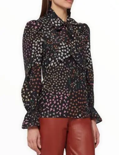 Never Fully Dressed Black Meadow Floral Tie Neck Long Sleeve Cinched Cuff Top 2