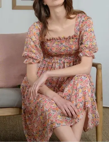 Lili Sidonio woven midi dress ice cream pink floral off the shoulder Large NWT