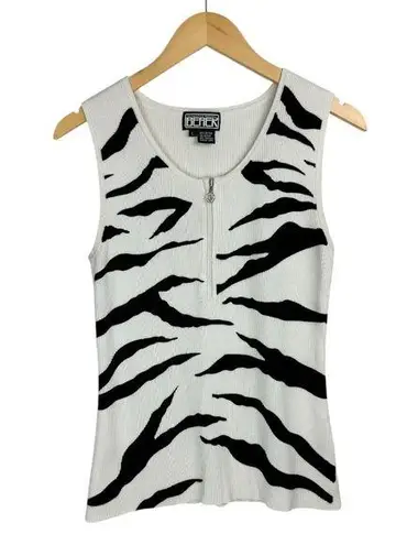 Vtg Y2K Zebra Stripe Ribbed Top Sz Large Quarter Zip Sleeveless Tank Black