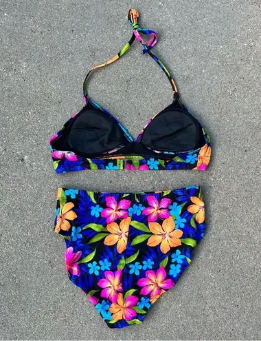 Catalina VTG 90s neon hibiscus tropical floral high rise halter swim bikini 1X