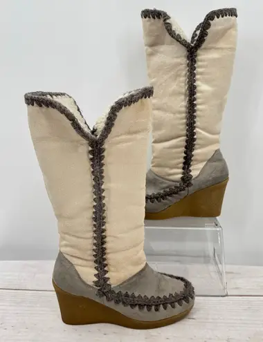 Vintage Y2K 90s American Eagle Wedge Heel Faux Suede Boots Crochet Midcalf Boho Gray Size 6.5