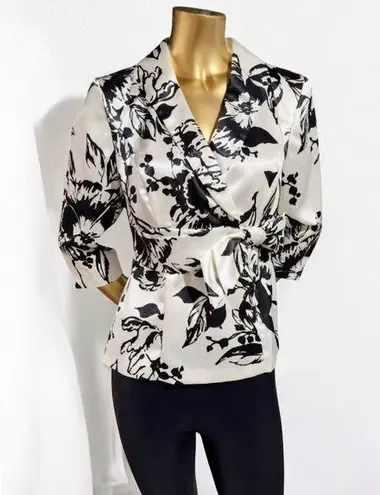 Alex Evenings Women's White Black Floral Bow Shawl Collar Satin Blouse Size SP