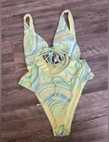 River Island Blue and Green One Piece with Plunging V-Neck