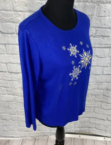 Karen Scott petites snowflake top w/rhinestones longsleeve blue PXL