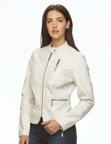 Apt. 9  Womens Jacket Sz M Faux Leather Peplum Zip Front Cream Pristine NEW