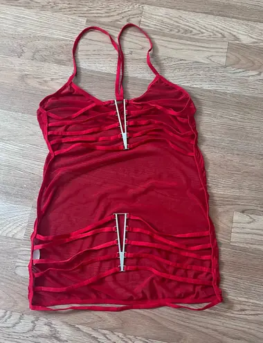 Red Mesh Backless Lingerie Dress Set Size L