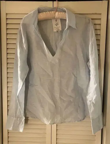 Calypso St. Barth Blue Linen Collared V-neck Top