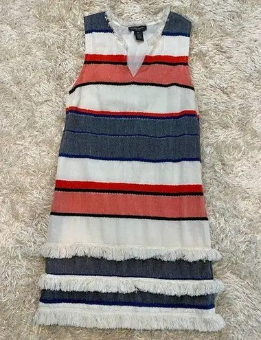 Chelsea & Theodore Woven Striped Fringe Trim Shift Dress 100% Cotton Size SP Blue