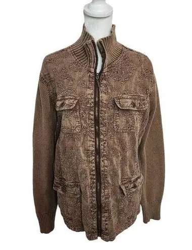 Denim & Co. Brown Bomber Sweater Jacket Size Medium Brown Zip