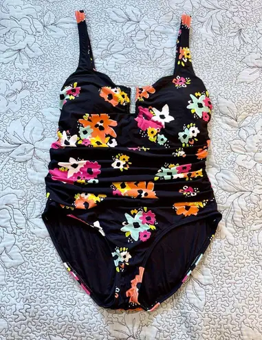 Anne cole Black Floral One-Piece Swimsuit Scoop Back Tummy Control Sz 12💛