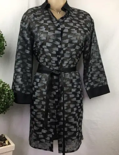 Lafayette 148 Gray & Black Print Button Up Belted Shirt Dress S