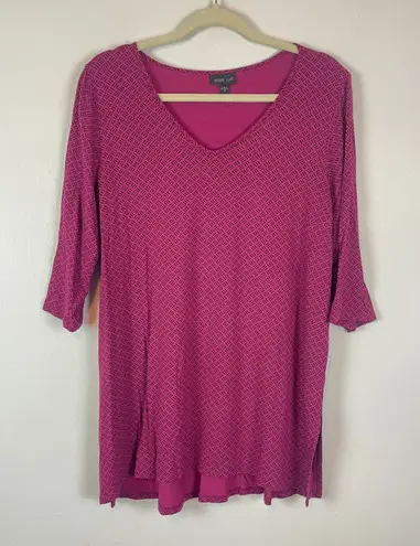 J Jill Wearever Collection Magenta Geometric Print 3/4 Sleeve V Neck Tunic Top M Pink Size M