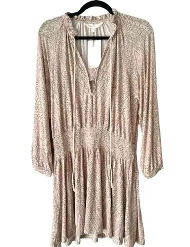 NWT Soft Joie Suki Long Sleeve Geo Print Smocked Waist Pullover Mini Dress Large Tan