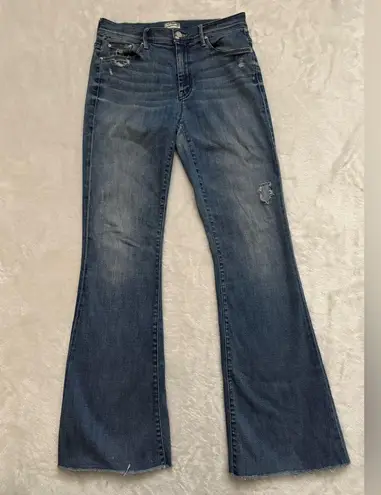 MOTHER THE WEEKENDER FRAY Blue Flare Leg Jeans Wash in Graffiti Girl Size 28