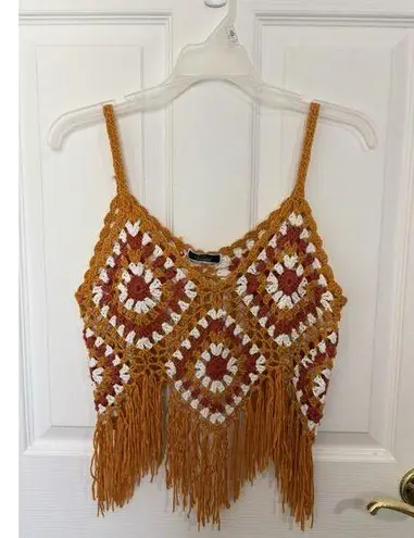 Crocheted Crop Top with Tassels Boho Granny Square Sz Medium Festival Hippie