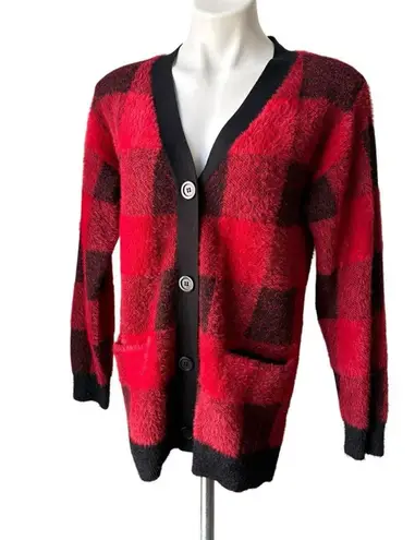 Cyrus Red/ Black Buffalo Plaid Button Down Fuzzy Cardigan Sweater, Sz S - Image 3