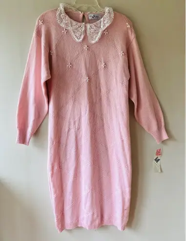 Maggie Lawrence Sz L Vintage Retro Pastel Pink Collared Sweater Dress Maxi Size L