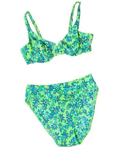 VINTAGE 90s SUNSETS Neon Floral Bikini Set Green Size L