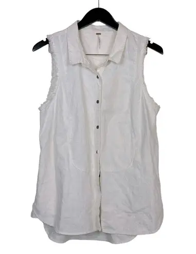 Free People  Linen Blend Button Front White Frayed Boho Vest Size Medium