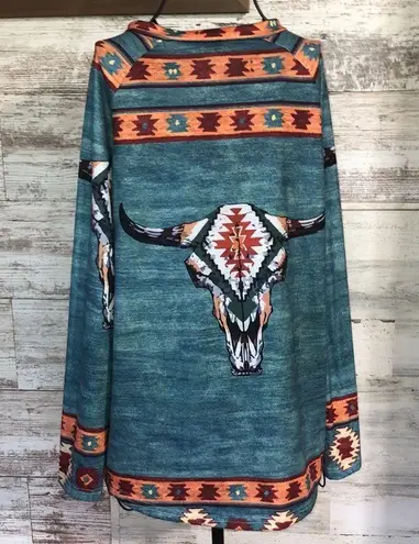 Boho western print long sleeve top size small country western rodeo Aztec tribal Blue