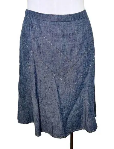 CAbi  100% Linen Skirt 8 A-Line Blue Chambray Patchwork High Waist Knee Length