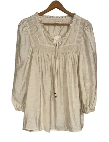 Wonderly XL Cream Beige Blouse Peasant Airflow Ruffle Neck Long Sleeve Top