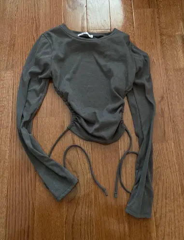 Love j NWOT grey ribbed long sleeve cropped open back tie top