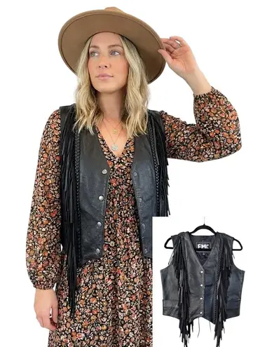 VTG FMC Black Leather Fringe Braided Lace Up Vest M Motorcycle Biker Western Size M
