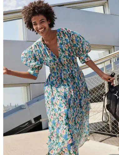 Ganni Floral Print Smocked Plisse Georgette Midi Dress Size Medium
