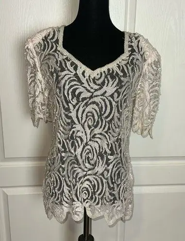 VTG 80s PEARL BEADED LACE SHEER BLOUSE Size M