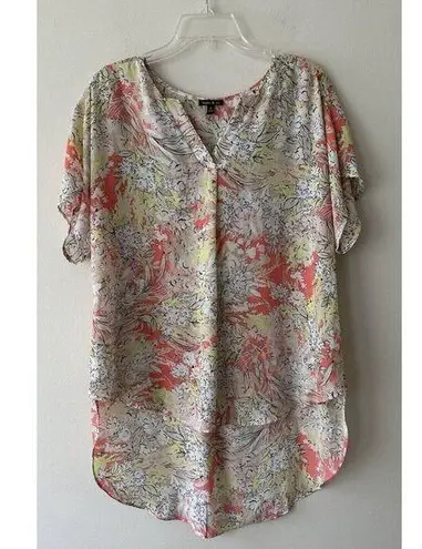 Sami & Jo Floral Print High Low Semi Sheer V Neck Blouse Size XL