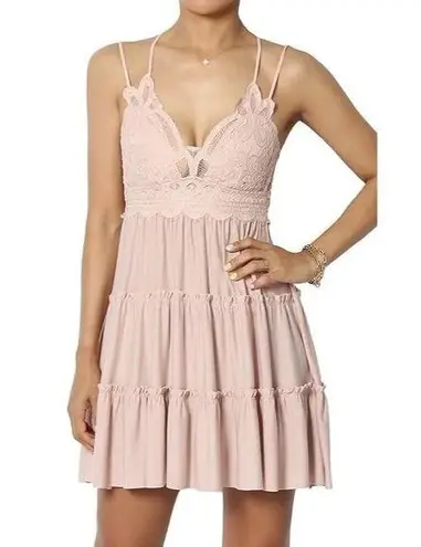 Zenana Outfitters Lace Cross Strap Cami Padded Bralette Smocked Back Tiered Dress L