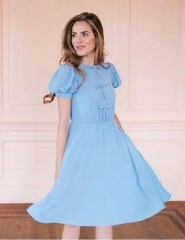 Gal Meets Glam Ellie Crepe Puff Sleeve Light Blue Bow Dress Size 2