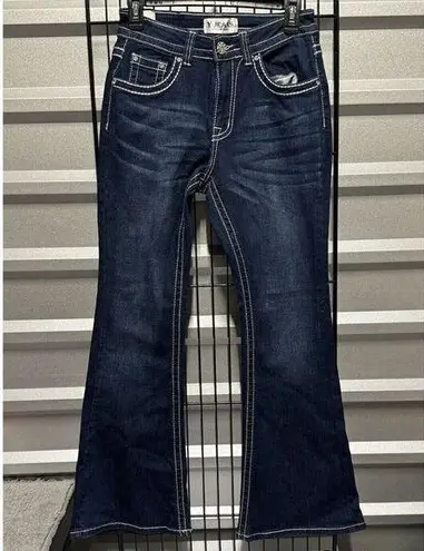 Y Jeans Los Angeles Women Y2K Flare Leg Bling Jeans Embelished Pockets Size 7/8 Blue