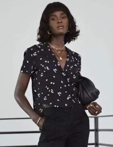 Thakoon Shirt Button Down Cropped Short Sleeve BP Black Daisy Blouse Casual