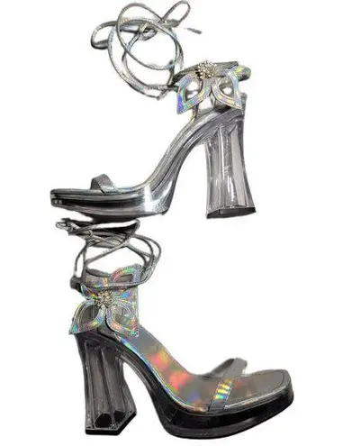 Vtg Y2K Soda Silver Holographic Flower Applique Chunky Clear Heel Sandals Sz 8.5