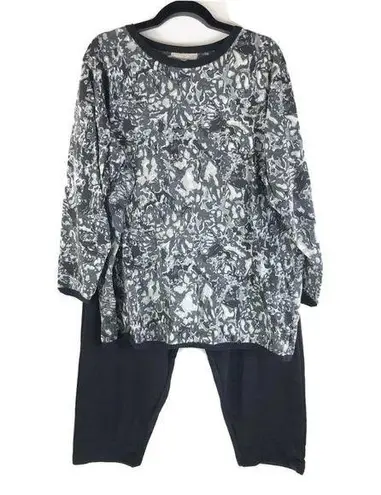 Roamans Sweatsuit Set Top Pants Scoop Neck Pull On Gray Black L 18/20 Petite Size 18P