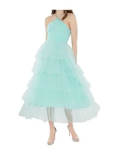 Likely Tulle Halter Midi Dress With Tiered Ruffle Layers & Ruched Womens Size 6