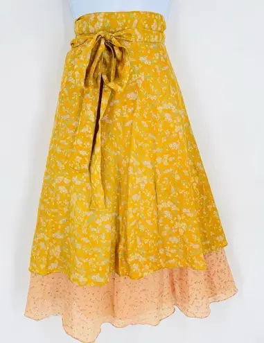 Mexicali Blues Floral Mixed Print Silk Blend Wrap MIDI Skirt Cottagecore Boho OS