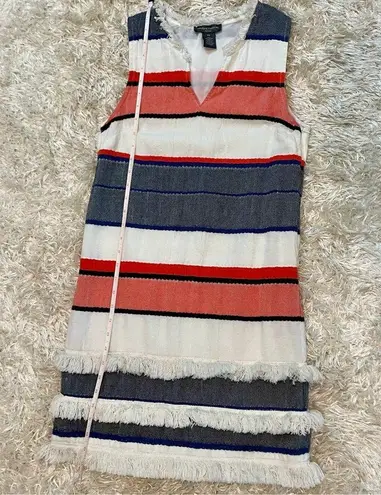 Chelsea & Theodore Woven Striped Fringe Trim Shift Dress 100% Cotton Size SP Blue