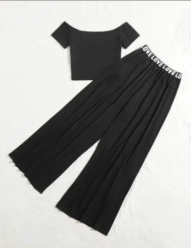 Mulvari Letter Graphic Off Shoulder Tee & Contrast Tape Wide Leg Pants Black Size M