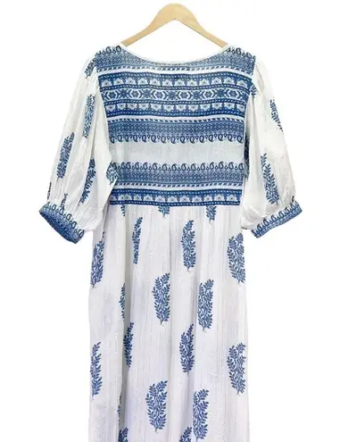 Daughters of India Mishka Boho Maxi Dress Azure Blue & White Cotton Size Medium