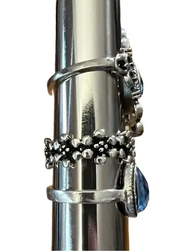 Lot of 3 Silver Tone Blue Teardrop, Floral & Oval Cabochon Size 6.25 Rings