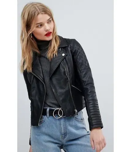 River Island Vintage Quilted Leather Moto Biker Black Jacket Size UK 12 US 8