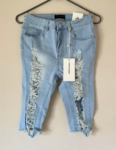 American Bazi High Waisted Knee Length Denim Jorts Jean Shorts Light Wash Casual