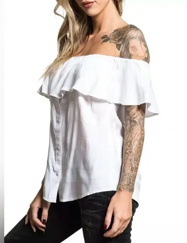 Affliction Sydney Rose Rhinestone Women’s Off Shoulder Button Up Ruffle Medium