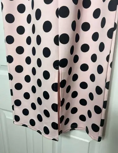 Pretty Little Thing  Light Pink Polka Dot Bardot Peplum Midi Bodycon Dress Sz 12