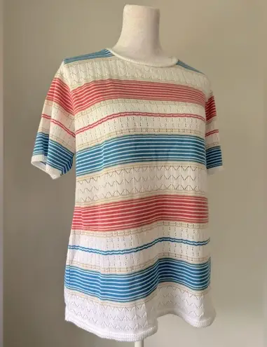 Alfred Dunner White, Pink & Blue Striped Relaxed Fit Short Sleeve Sweater White
