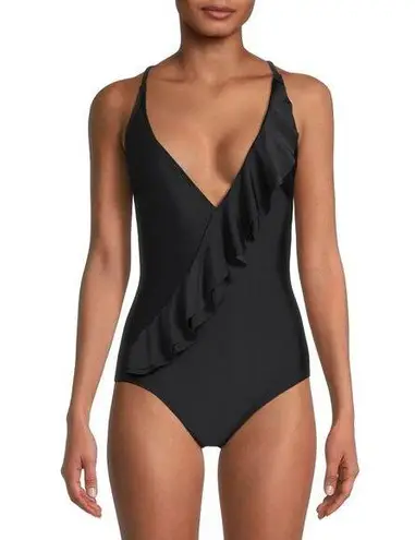 Catherine Malandrino Black One Piece V-Neck Ruffle Front Swimsuit Size Small